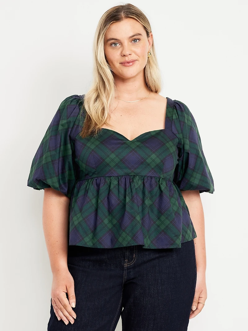 Puff-Sleeve Plaid Poplin Peplum Top