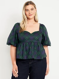 Puff-Sleeve Plaid Poplin Peplum Top