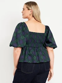 Puff-Sleeve Plaid Poplin Peplum Top