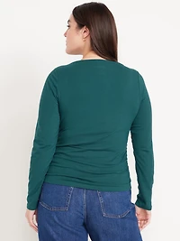 Long-Sleeve Slit-Neck Ruched Top