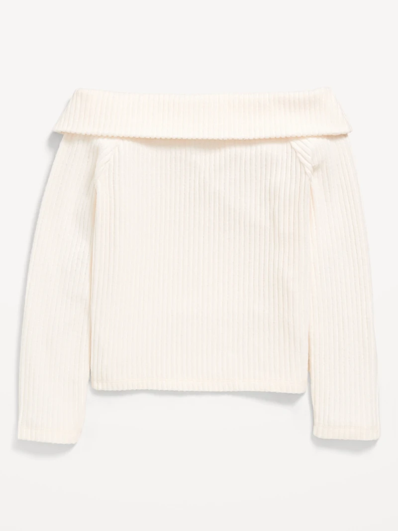 CozePlush Off-Shoulder Long-Sleeve Ribbed Top for Girls