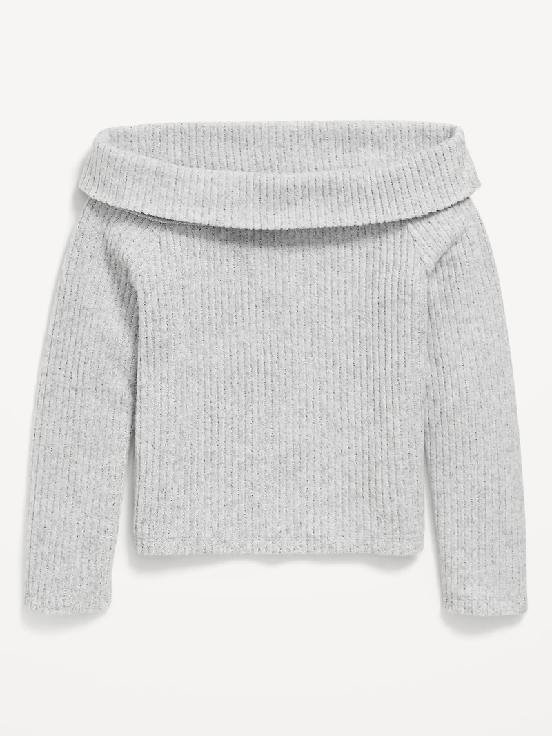 CozePlush Off-Shoulder Long-Sleeve Ribbed Top for Girls