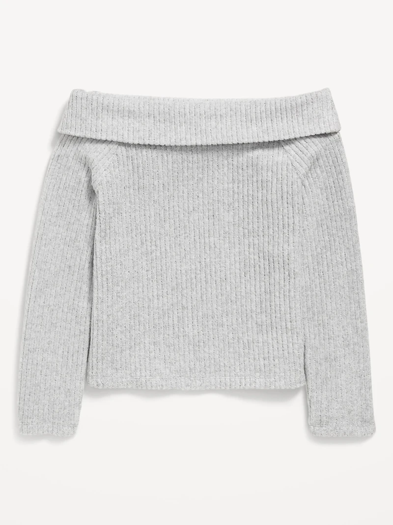 CozePlush Off-Shoulder Long-Sleeve Ribbed Top for Girls