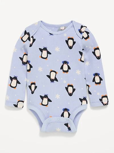 Printed Long-Sleeve Ribbed Unisex Bodysuit for Baby