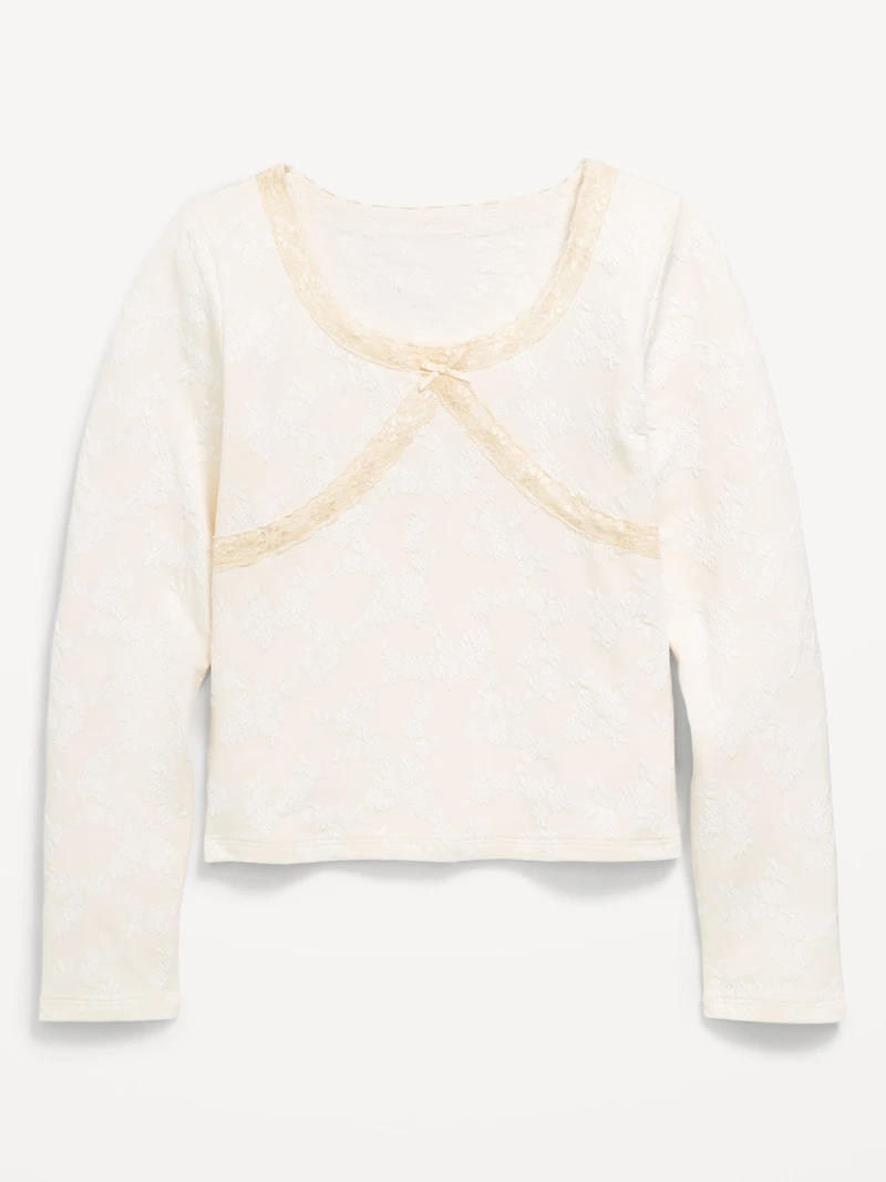 Fitted Long-Sleeve Lace-Trim Top for Girls