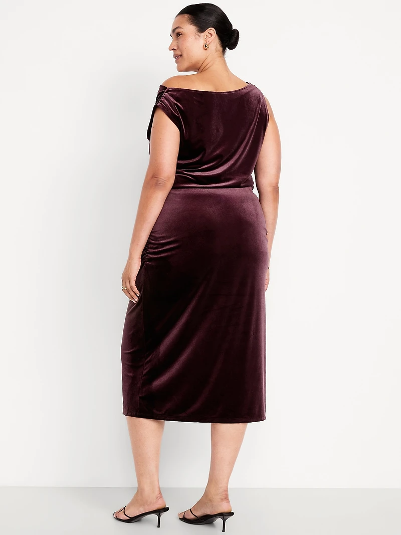 High-Waisted Ruched Velvet Midi Skirt