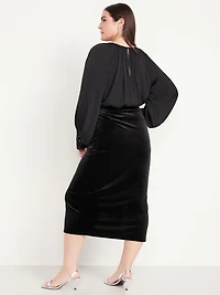 High-Waisted Ruched Velvet Midi Skirt