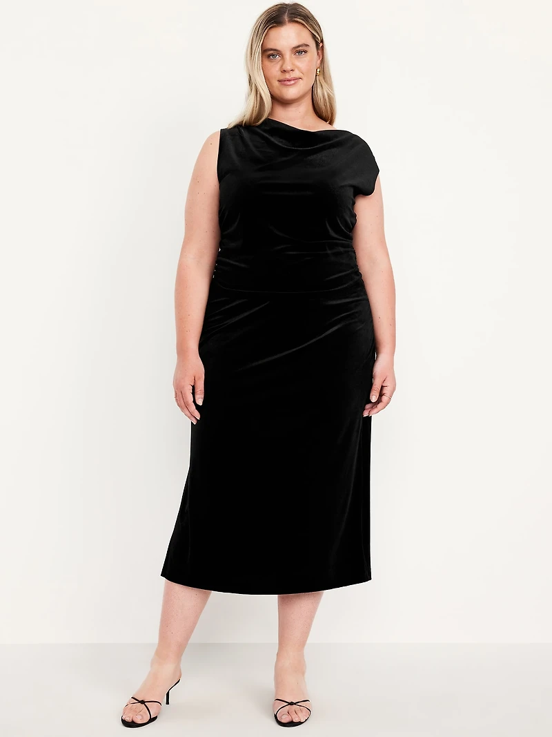 High-Waisted Ruched Velvet Midi Skirt