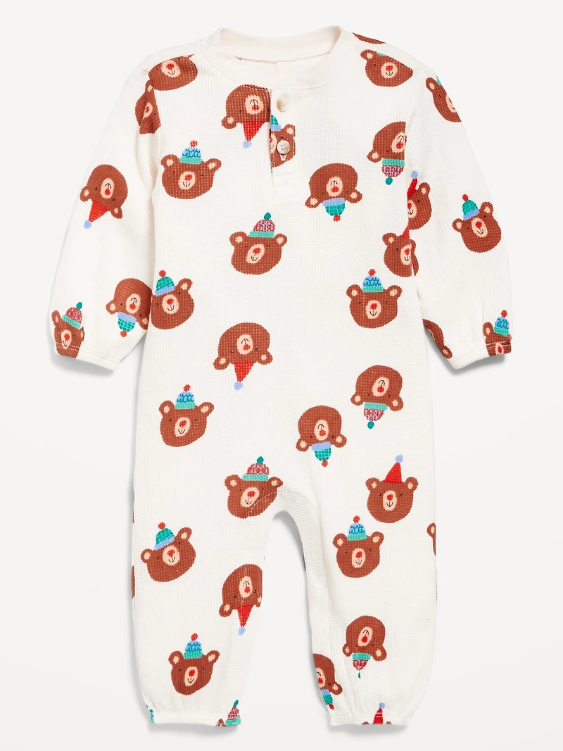 Printed Long-Sleeve Henley Waffle-Knit One-Piece for Baby