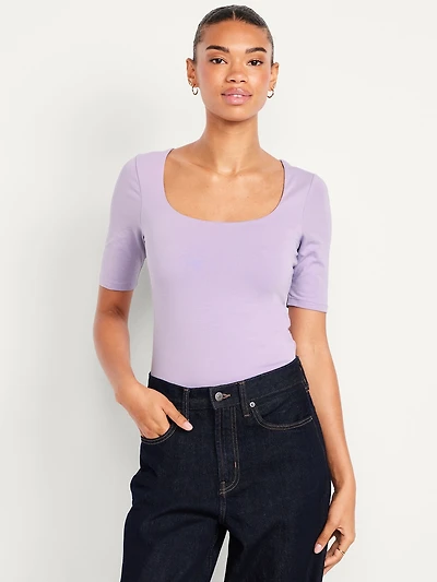 Fitted Double-Layer Elbow-Sleeve Scoop-Neck Top