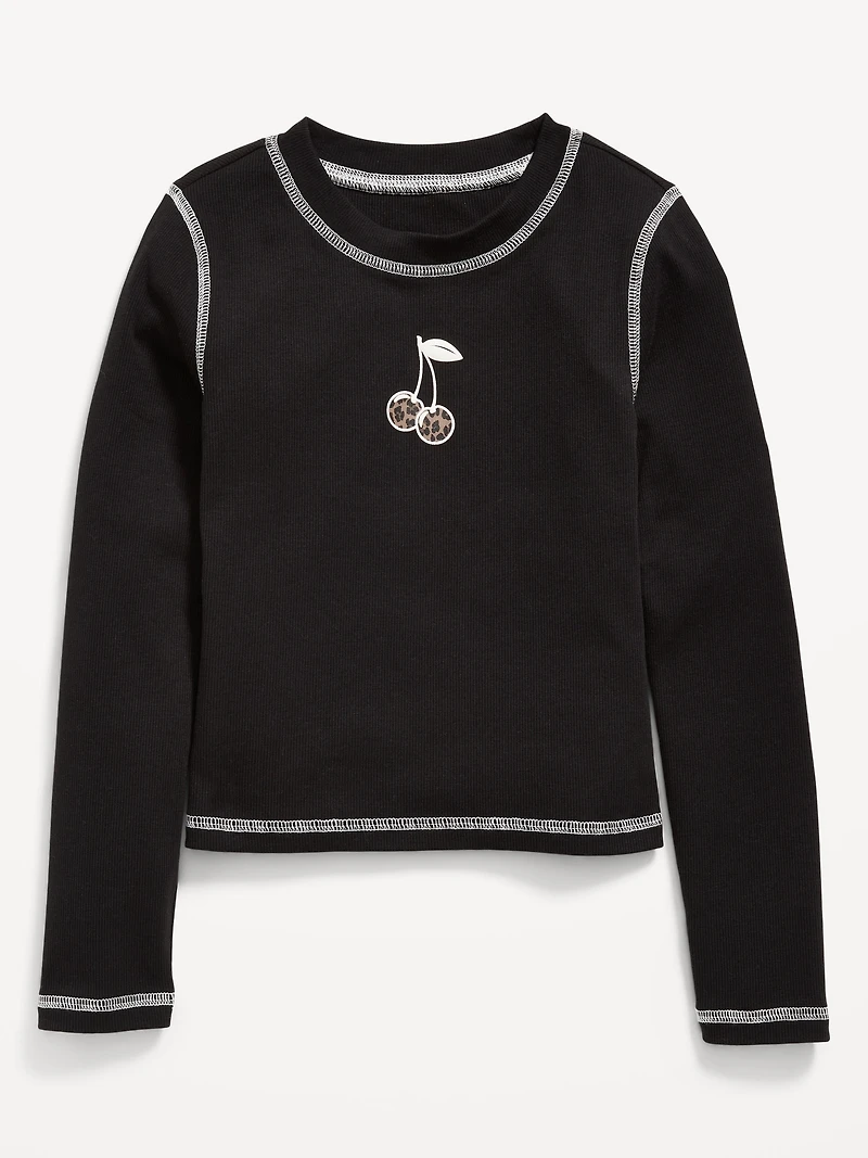 Fitted Long-Sleeve Ribbed Graphic T-Shirt for Girls