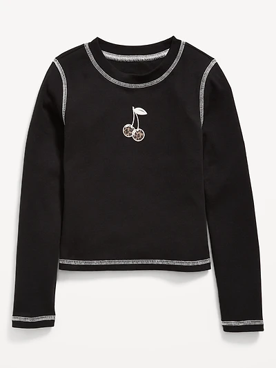 Fitted Long-Sleeve Ribbed Graphic T-Shirt for Girls