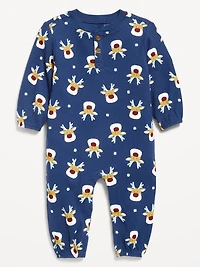 Printed Long-Sleeve Henley Waffle-Knit One-Piece for Baby