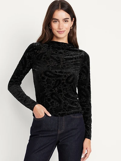 Mock-Neck Long-Sleeve Velvet Top