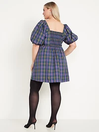 Puff-Sleeve Plaid Fit & Flare Taffeta Mini Dress