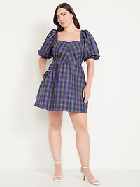 Puff-Sleeve Plaid Fit & Flare Taffeta Mini Dress