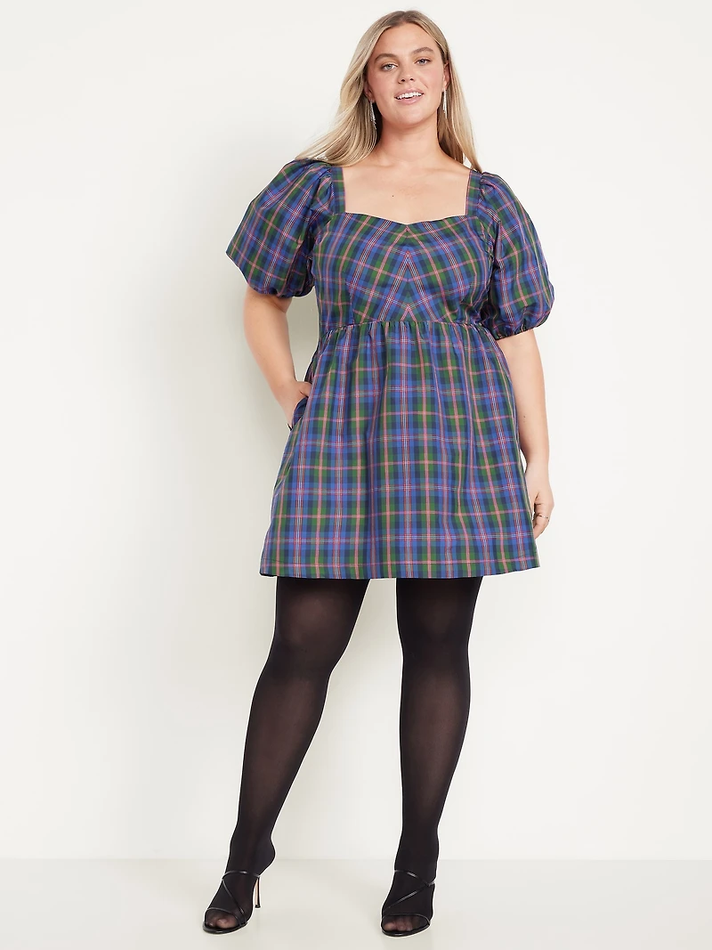 Puff-Sleeve Plaid Fit & Flare Taffeta Mini Dress