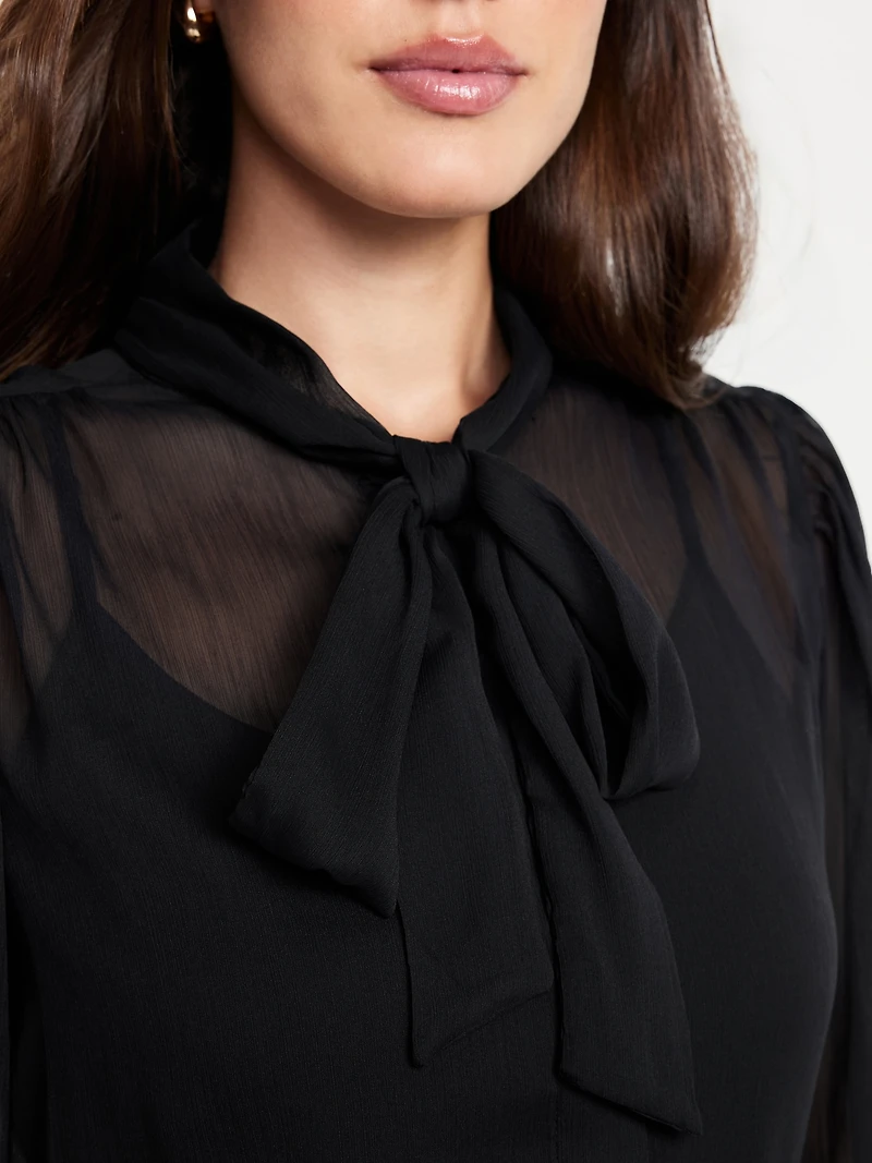 Long-Sleeve Tie-Neck Chiffon Top