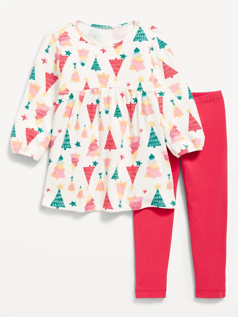 Long-Sleeve Waffle-Knit Dress and Leggings Set for Toddler Girls