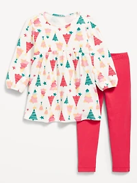 Long-Sleeve Waffle-Knit Dress and Leggings Set for Toddler Girls