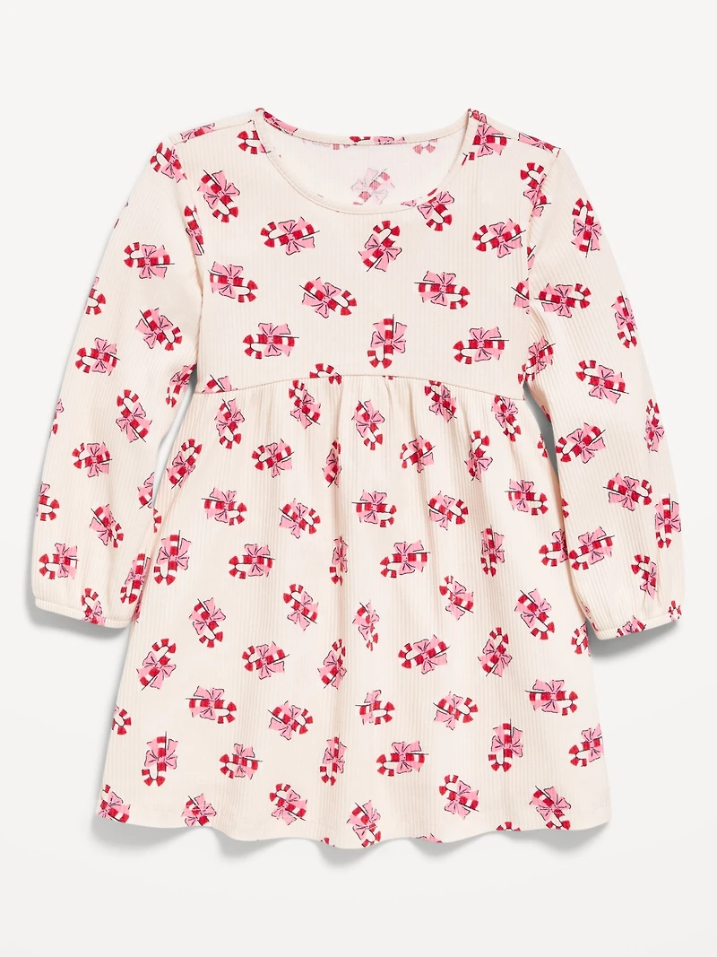 Printed Long-Sleeve Ribbed Dress for Toddler Girls