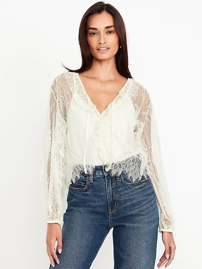 Long-Sleeve Lace V-Neck Lined Top