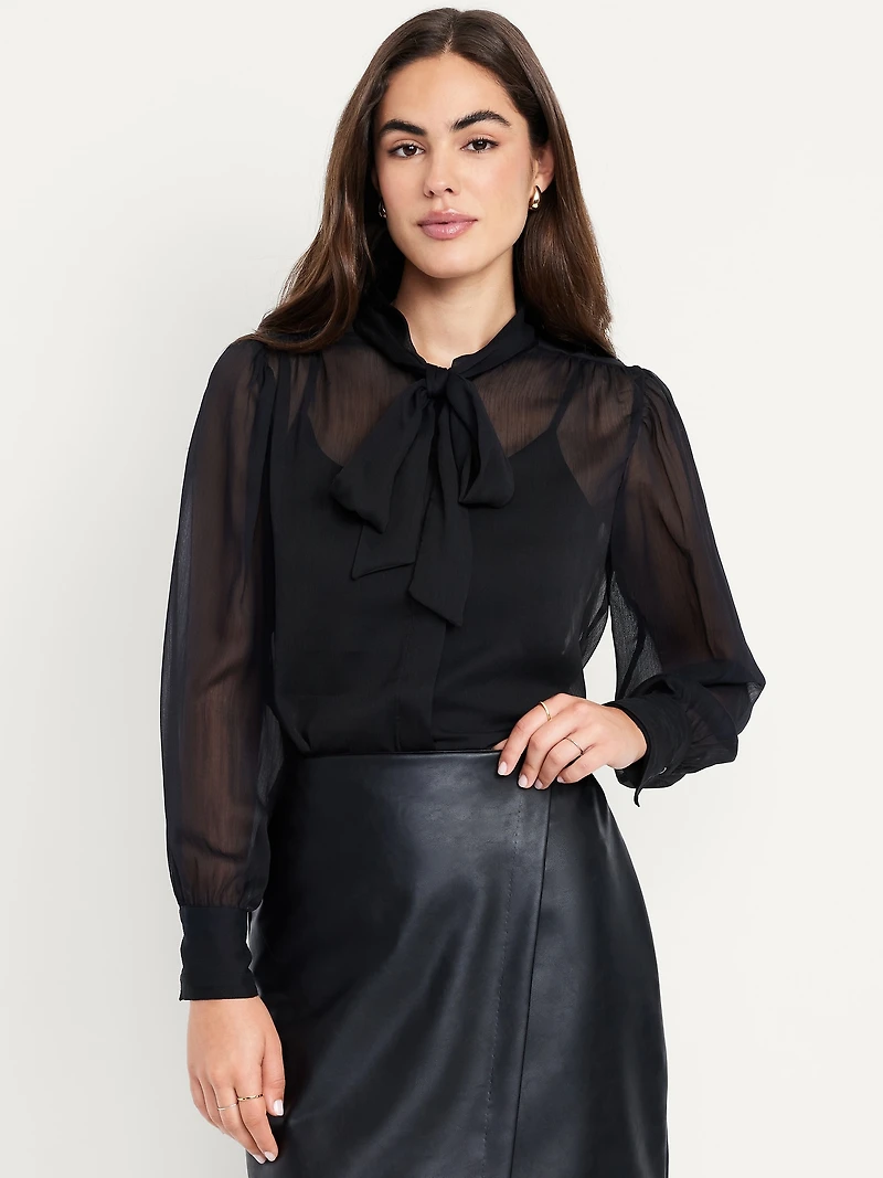 Long-Sleeve Tie-Neck Chiffon Top