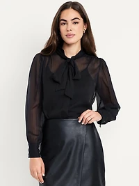 Long-Sleeve Tie-Neck Chiffon Top