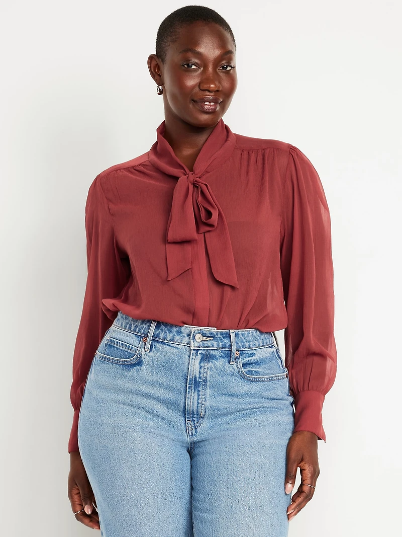 Long-Sleeve Tie-Neck Chiffon Top