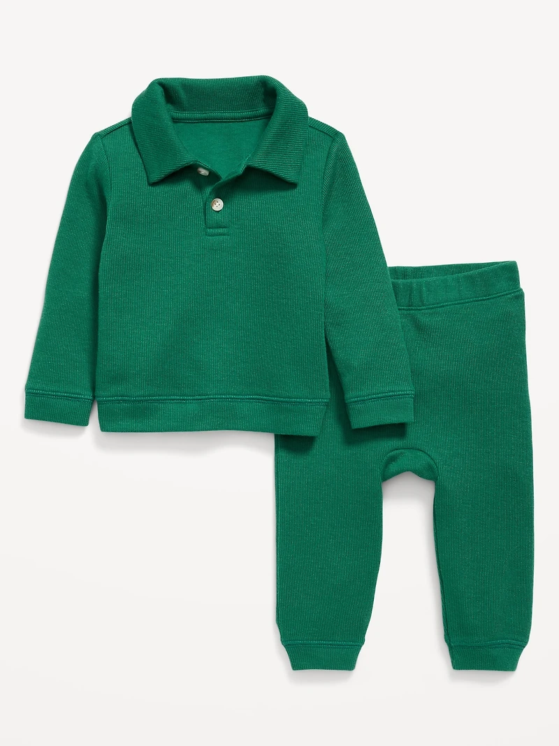 Long-Sleeve Collared Ribbed Top and Pants Set for Baby