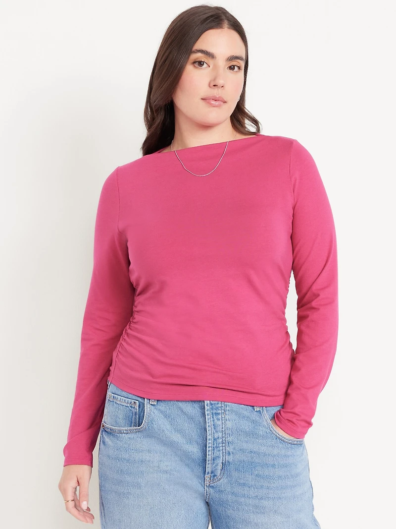 Long-Sleeve Slit-Neck Ruched Top