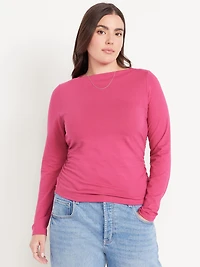 Long-Sleeve Slit-Neck Ruched Top