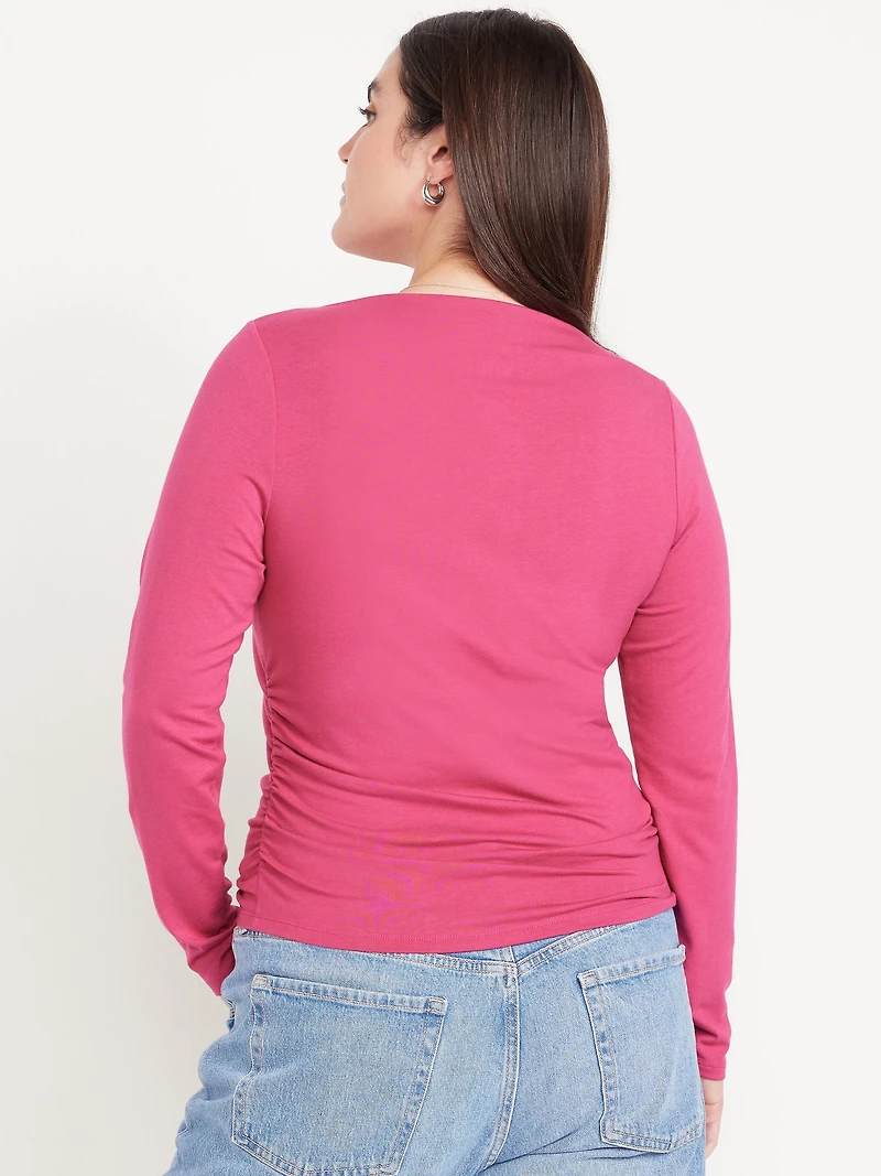 Long-Sleeve Slit-Neck Ruched Top