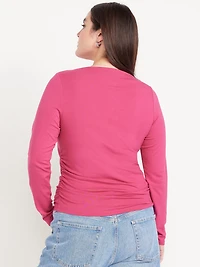 Long-Sleeve Slit-Neck Ruched Top