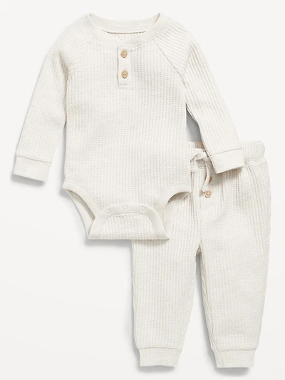 Long-Sleeve Thermal-Knit Henley Bodysuit and Pants Set for Baby