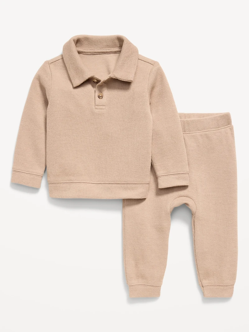 Long-Sleeve Collared Ribbed Top and Pants Set for Baby