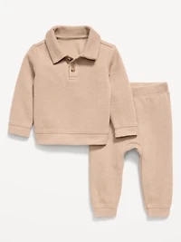 Long-Sleeve Collared Ribbed Top and Pants Set for Baby