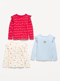 Long-Sleeve Ruffle-Shoulder T-Shirt 3-Pack for Toddler Girls