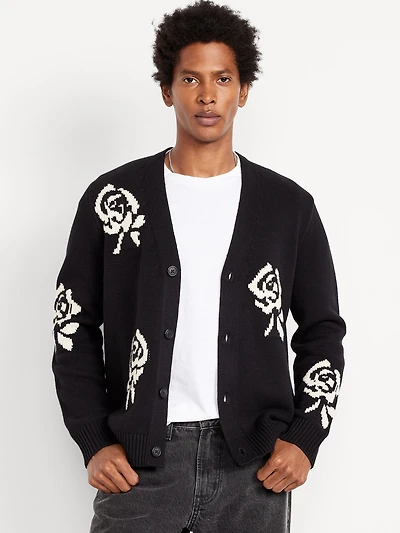 Rose Print V-Neck Cardigan Sweater