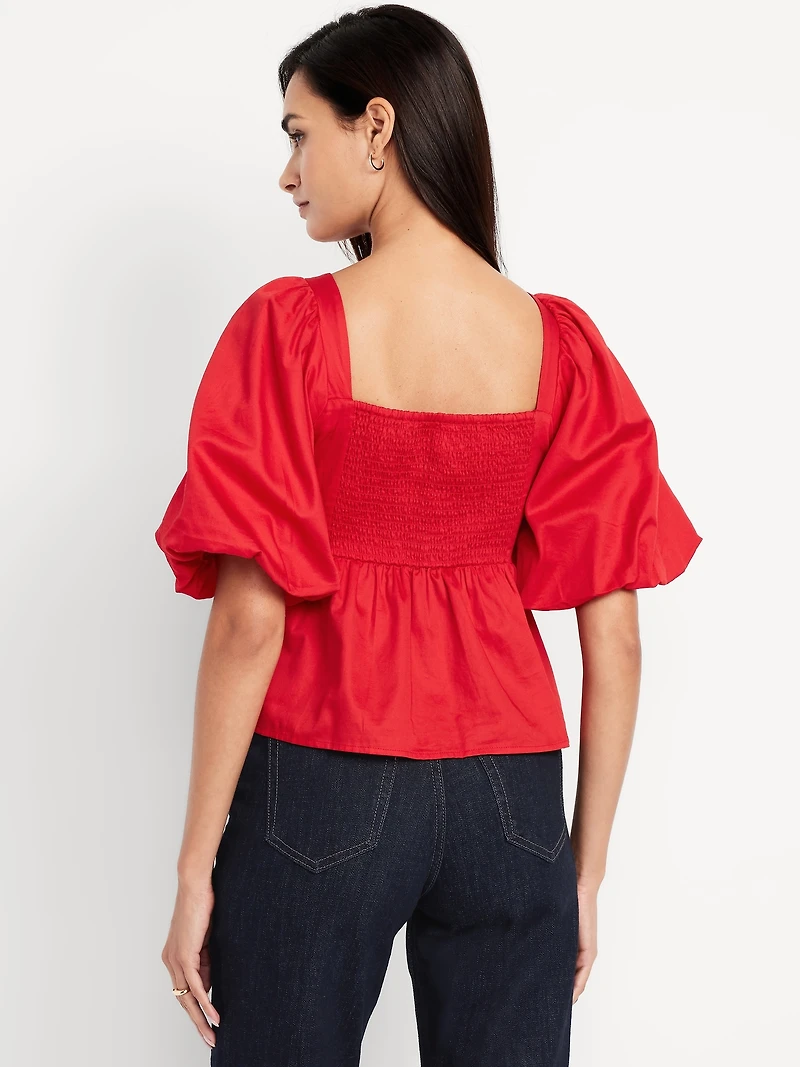 Puff-Sleeve Poplin Peplum Top