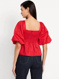 Puff-Sleeve Poplin Peplum Top