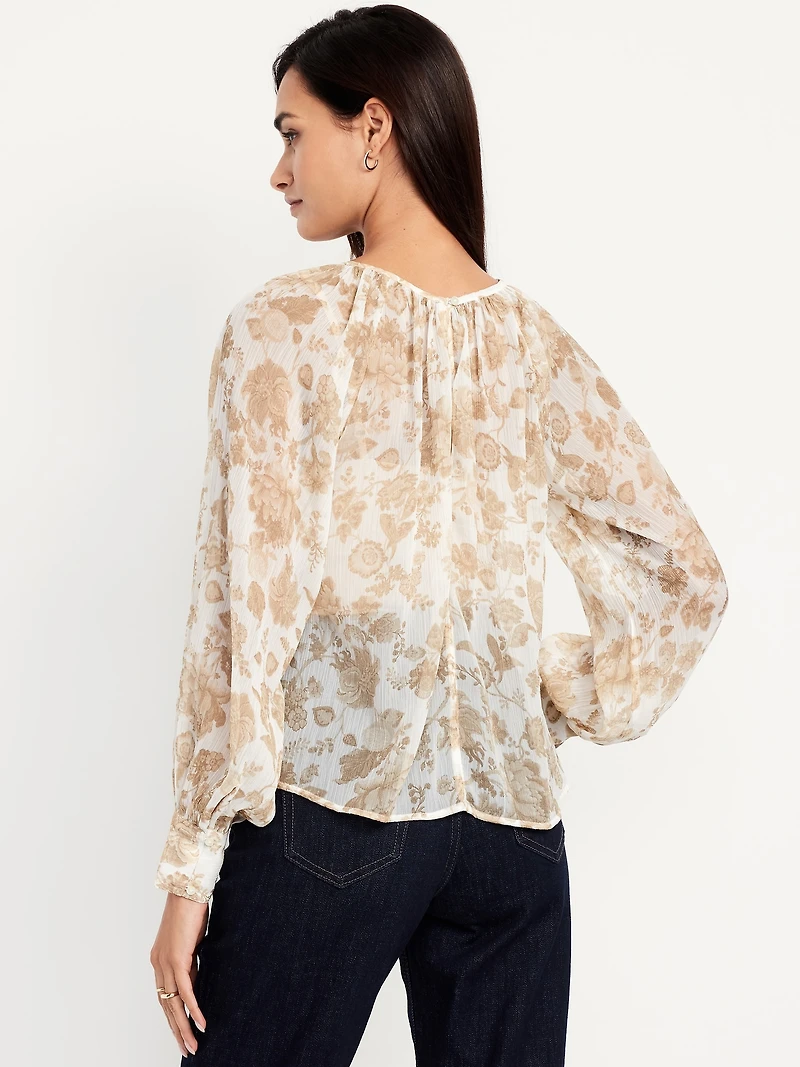 Shirred Chiffon Long-Sleeve Top