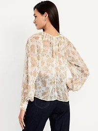 Shirred Chiffon Long-Sleeve Top
