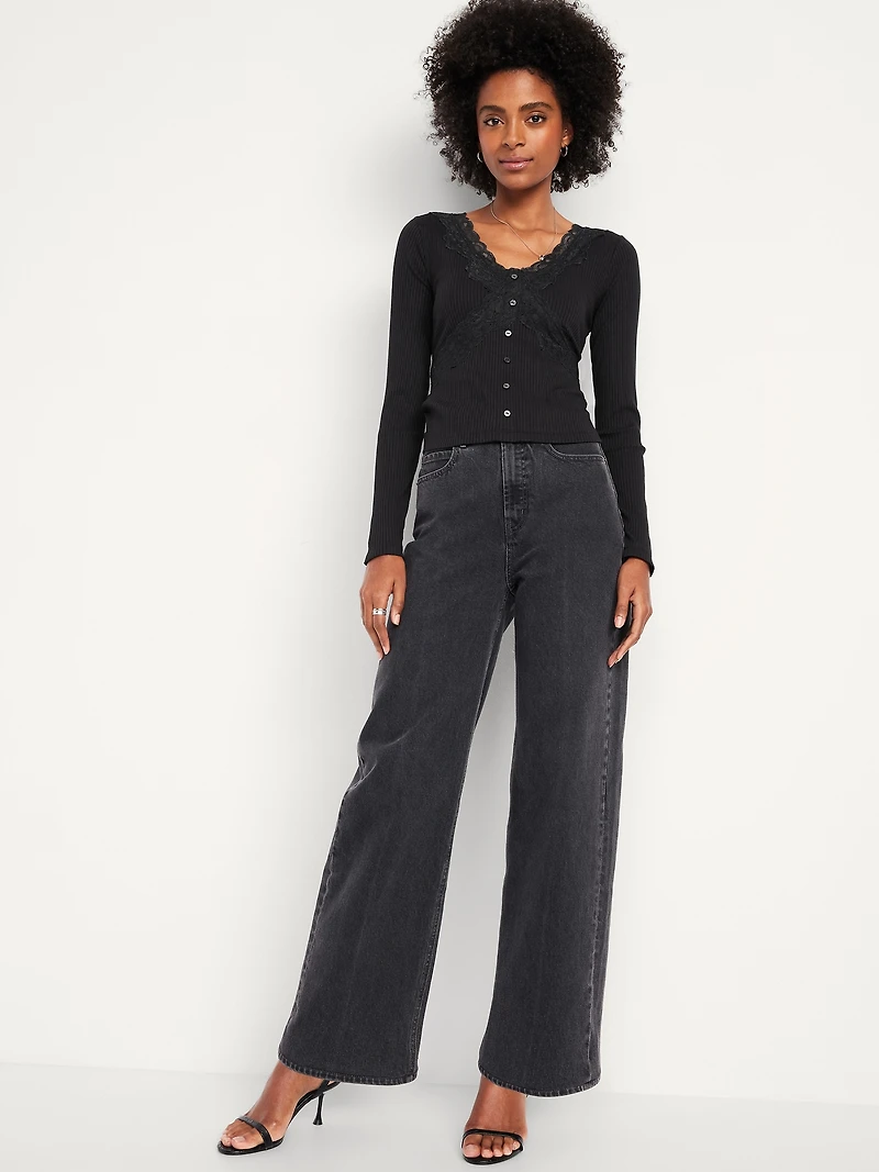 Lace-Trim V-Neck Ribbed Top