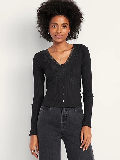 Lace-Trim V-Neck Ribbed Top
