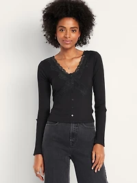 Lace-Trim V-Neck Ribbed Top