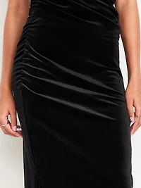 High-Waisted Ruched Velvet Midi Skirt