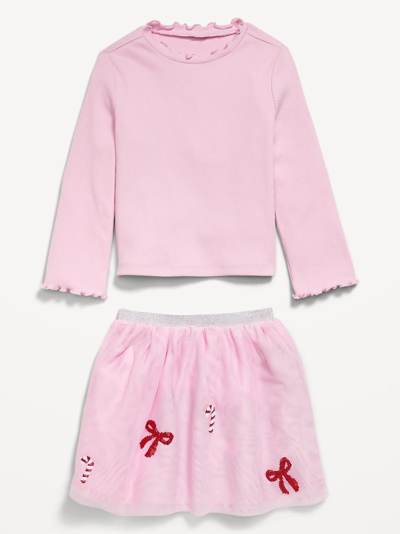 Long-Sleeve T-Shirt and Tutu Skirt Set for Toddler Girls