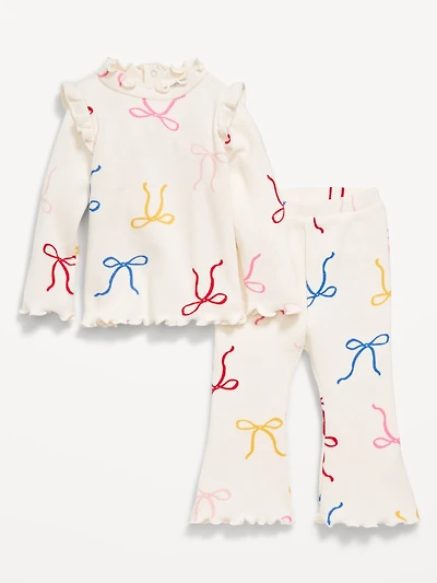 Printed Cozy Rib-Knit Ruffled Top and Pants Set for Baby