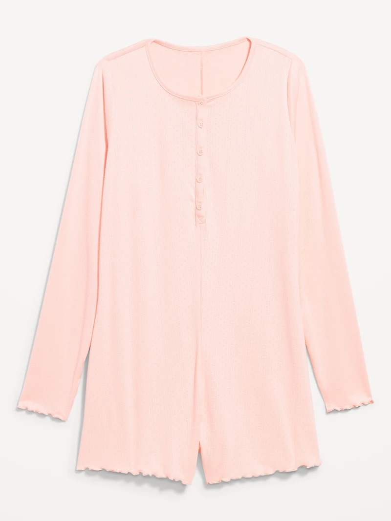 Long-Sleeve Pointelle Henley Pajama Romper